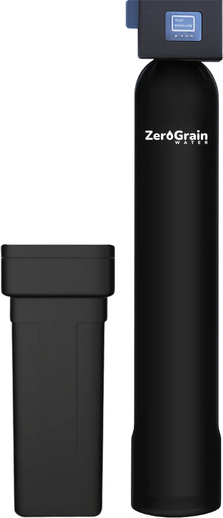 Black resin tank capped by a control valve with a small screen, next to a squat black salt tank